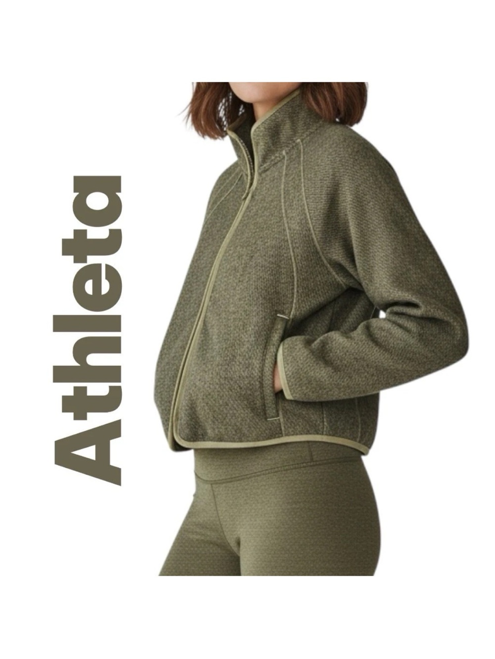Athleta Stroll Fleece Jacket Cropped Athletic Full Zip Olive Green Sz XL